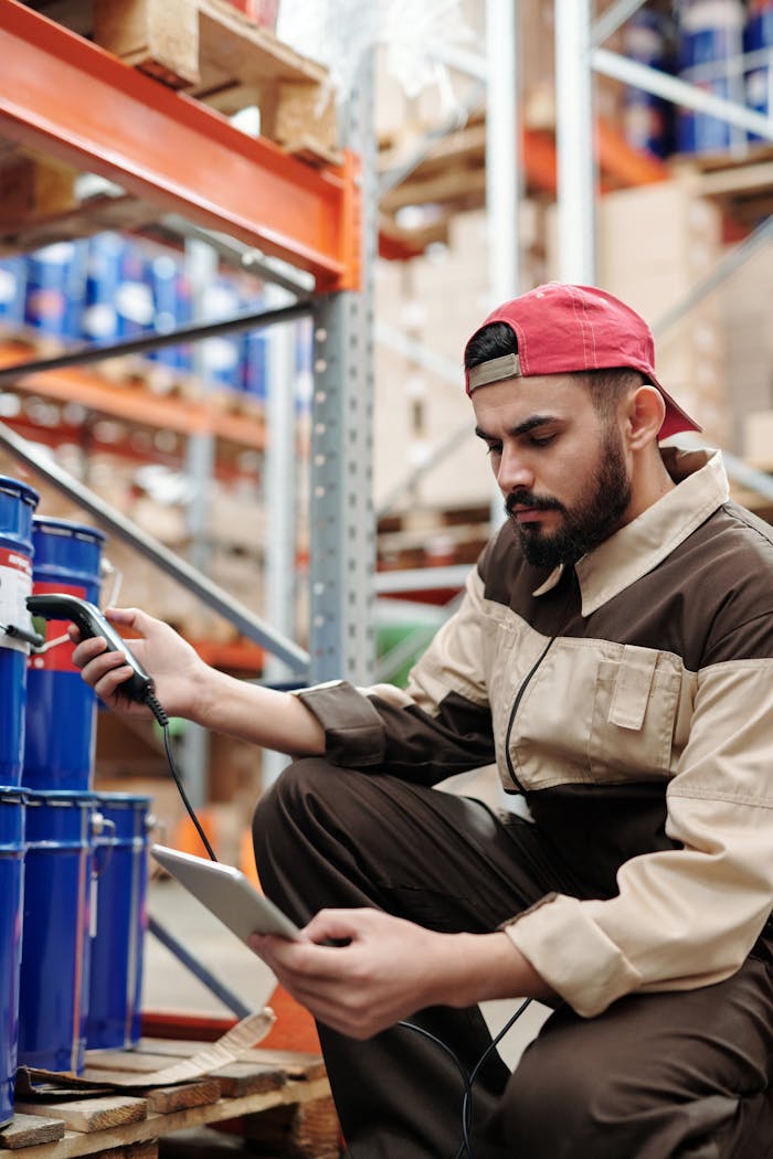 about-02 Man in warehouse scanning items with digital tablet, focused on inventory management.