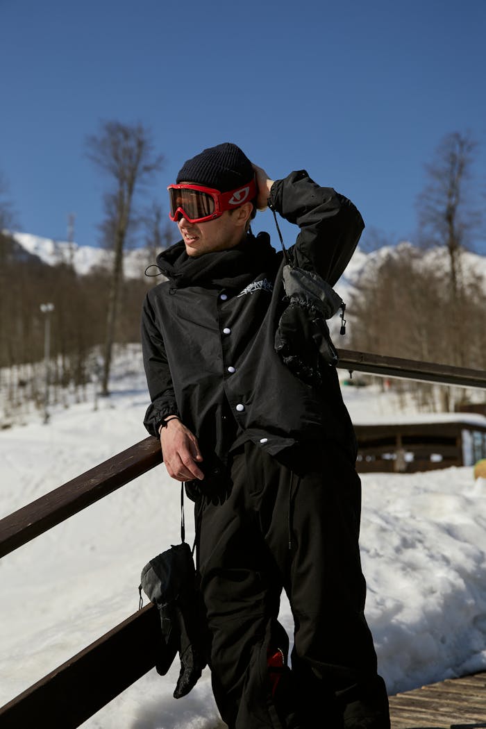 about-img Snowboarder in sunglasses relaxing on a sunny winter day in the mountains.